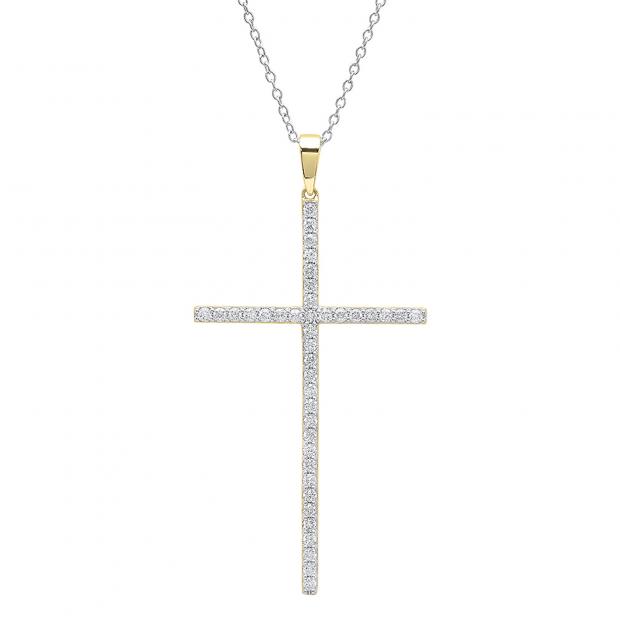 0.90 Carat (ctw) 10K Yellow Gold Round Diamond Ladies Cross Pendant (Silver Chain Included)