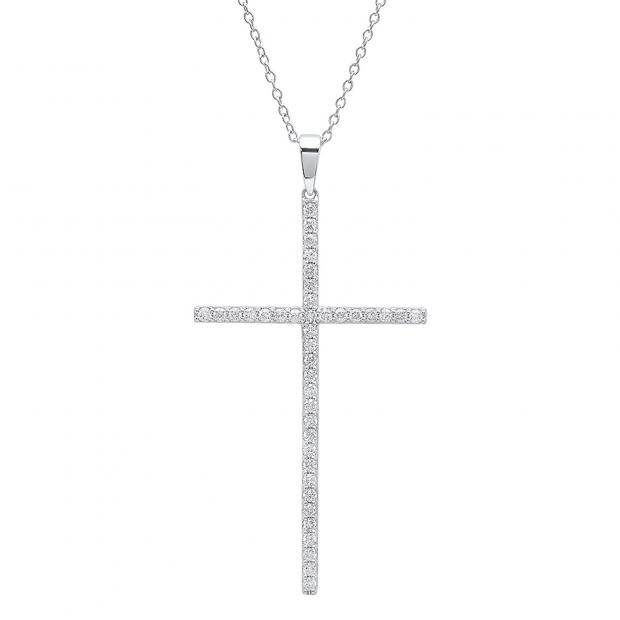 0.90 Carat (ctw) 14K White Gold Round Diamond Ladies Cross Pendant (Silver Chain Included)