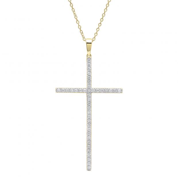 0.90 Carat (ctw) 10K Yellow Gold Round Diamond Ladies Cross Pendant (Gold Chain Included)