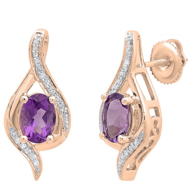 10K Rose Gold 7X5 MM Each Oval Amethyst & Round Diamond Ladies Drop Earrings