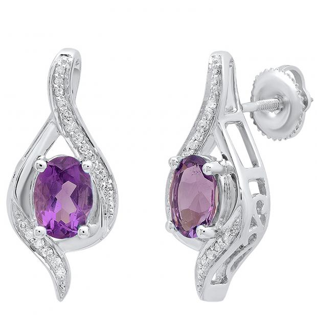 10K White Gold 7X5 MM Each Oval Amethyst & Round Diamond Ladies Drop Earrings
