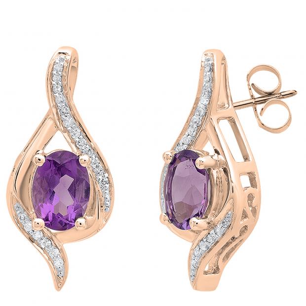 14K Rose Gold 7X5 MM Each Oval Amethyst & Round Diamond Ladies Drop Earrings
