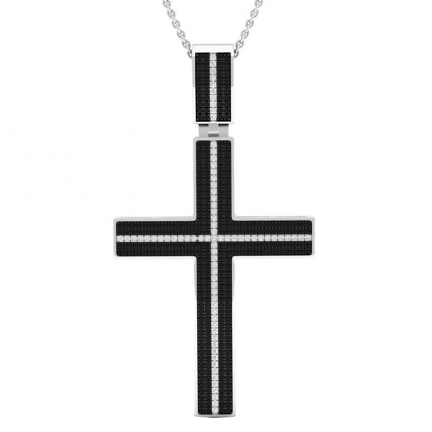 1.10 Carat (ctw) Sterling Silver White & Black Diamond Mens Hip Hop Religious Cross Pendant 1 CT