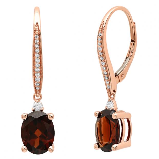 10K Rose Gold 9X7 MM Each Oval Garnet & Round Diamond Ladies Dangling Drop Earrings