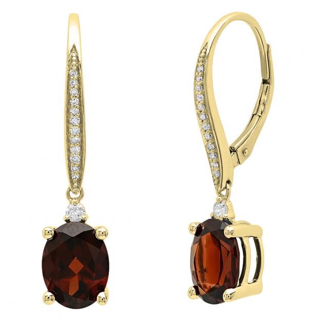 10K Yellow Gold 9X7 MM Each Oval Garnet & Round Diamond Ladies Dangling Drop Earrings