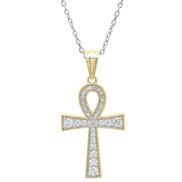 0.50 Carat (ctw) 10K Yellow Gold Round Diamond Ankh Cross Pendant 1/2 CT (Silver Chain Included)