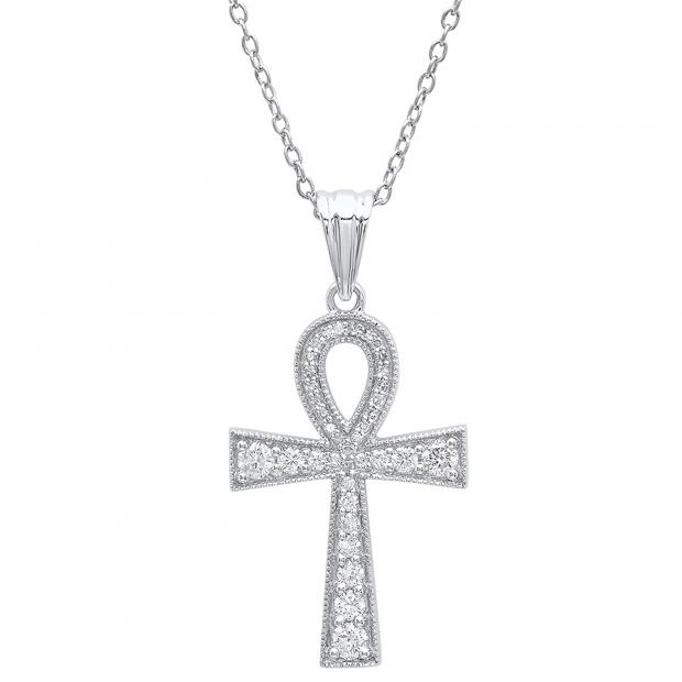 0.50 Carat (ctw) 14K White Gold Round Diamond Ankh Cross Pendant 1/2 CT (Silver Chain Included)