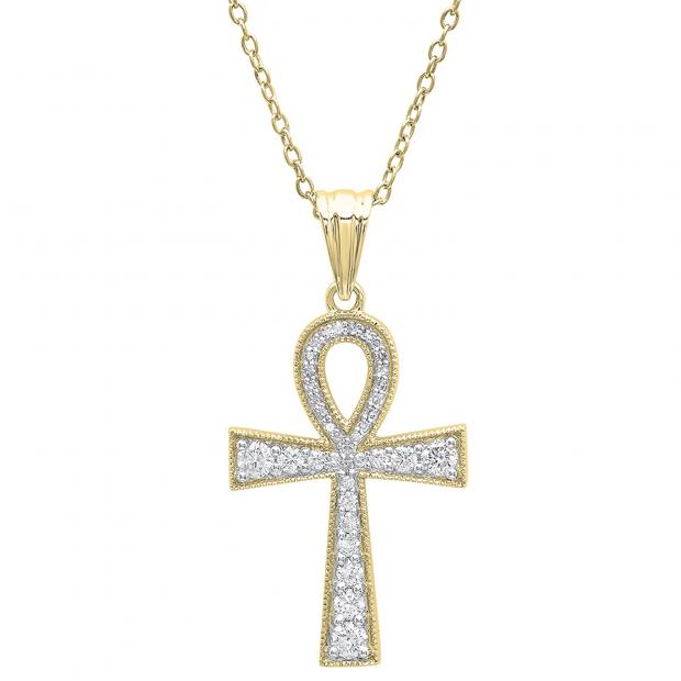 0.50 Carat (ctw) 10K Yellow Gold Round Diamond Ankh Cross Pendant 1/2 CT (Gold Chain Included)
