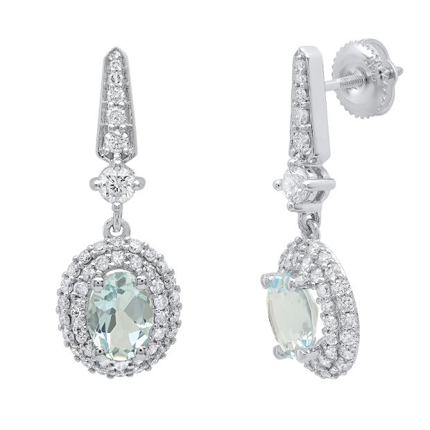 10K White Gold 7X5 MM Each Oval Aquamarine & Round Diamond Ladies Drop Earrings