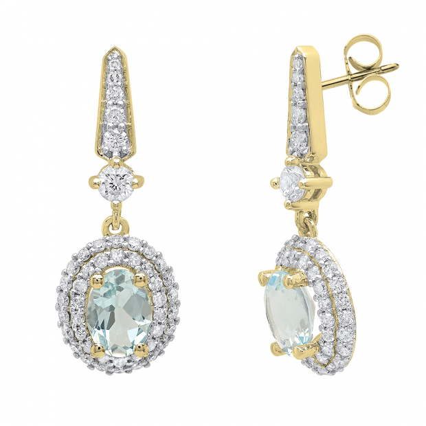14K Yellow Gold 7X5 MM Each Oval Aquamarine & Round Diamond Ladies Drop Earrings