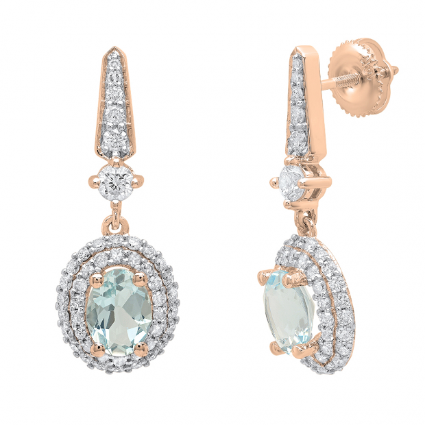 18K Rose Gold 7X5 MM Each Oval Aquamarine & Round Diamond Ladies Drop Earrings