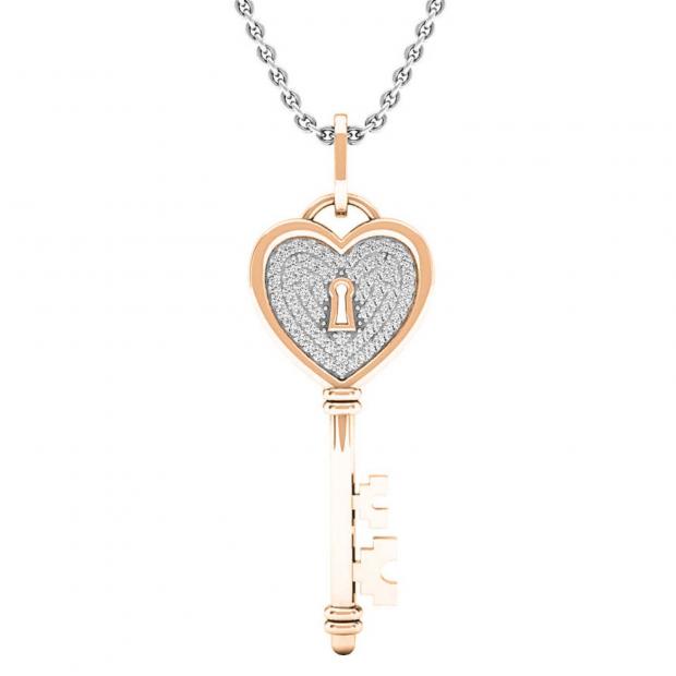 0.20 Carat (ctw) 10K Rose Gold Round Diamond Heart Key Pendant 1/5 CT (Silver Chain Included)