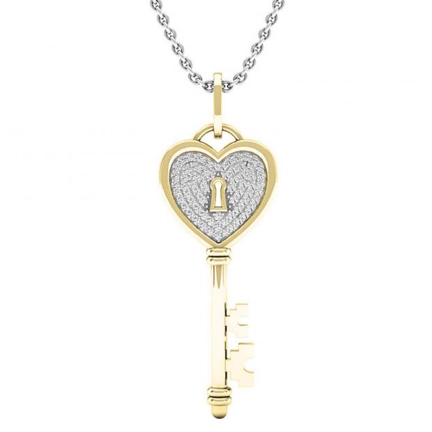 0.20 Carat (ctw) 10K Yellow Gold Round Diamond Heart Key Pendant 1/5 CT (Silver Chain Included)