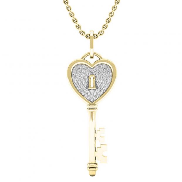 0.20 Carat (ctw) 10K Yellow Gold Round Diamond Heart Key Pendant 1/5 CT (Gold Chain Included)