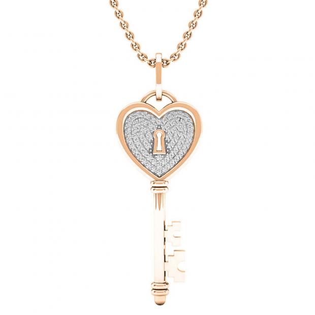 0.20 Carat (ctw) 14K Rose Gold Round Diamond Heart Key Pendant 1/5 CT (Gold Chain Included)