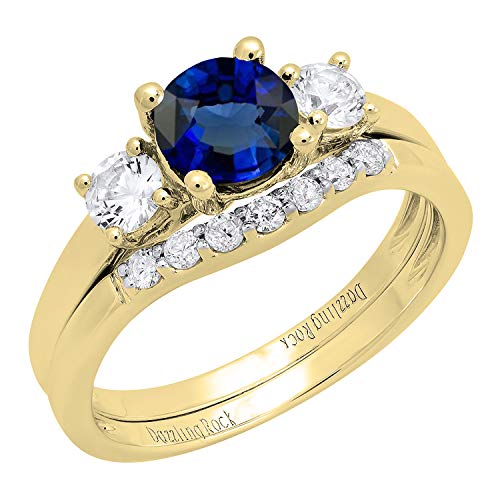 10K Yellow Gold 6 MM Round Garnet White Sapphire & Diamond Ladies Engagement Ring Set