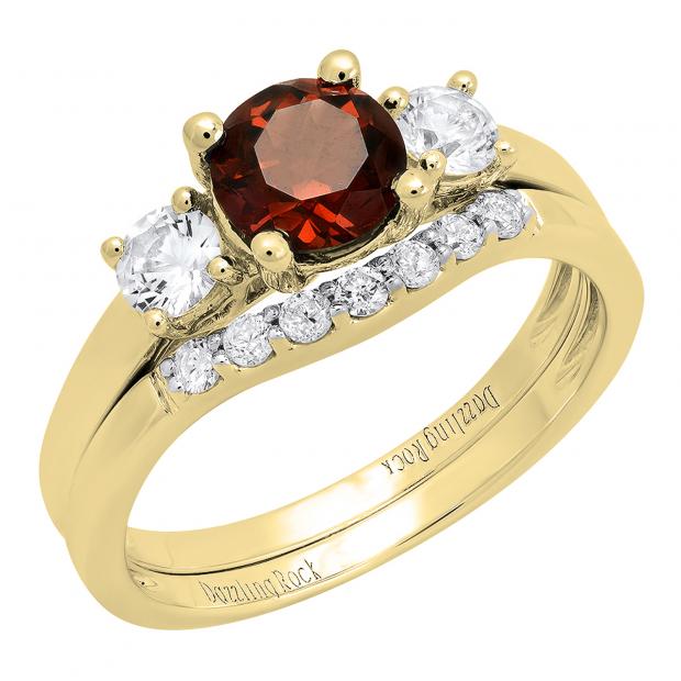 14K Yellow Gold 6 MM Round Garnet White Sapphire & Diamond Ladies Engagement Ring Set