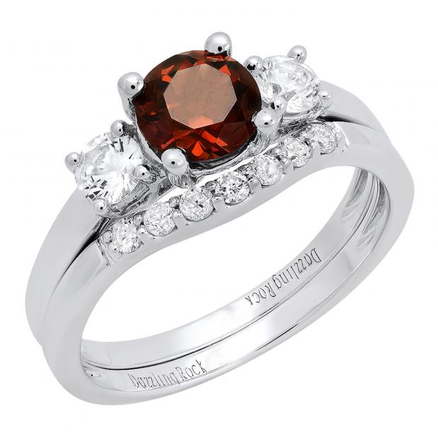 18K White Gold 6 MM Round Garnet White Sapphire & Diamond Ladies Engagement Ring Set