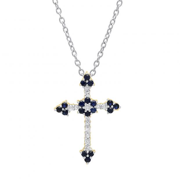 10K Yellow Gold Round Blue Sapphire & Diamond Ladies Floral Cross Pendant (Silver Chain Included)
