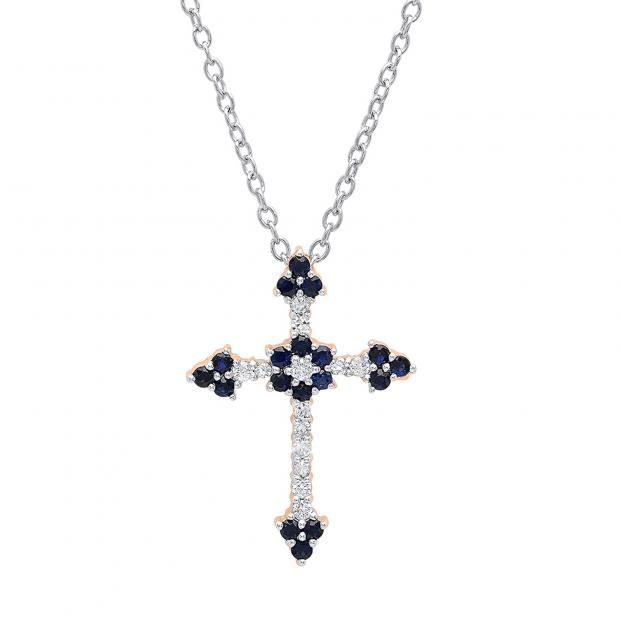 18K Rose Gold Round Blue Sapphire & Diamond Ladies Floral Cross Pendant (Silver Chain Included)