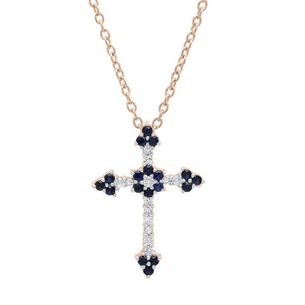 10K Rose Gold Round Blue Sapphire & Diamond Ladies Floral Cross Pendant (Gold Chain Included)