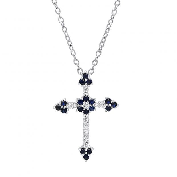 10K White Gold Round Blue Sapphire & Diamond Ladies Floral Cross Pendant (Gold Chain Included)