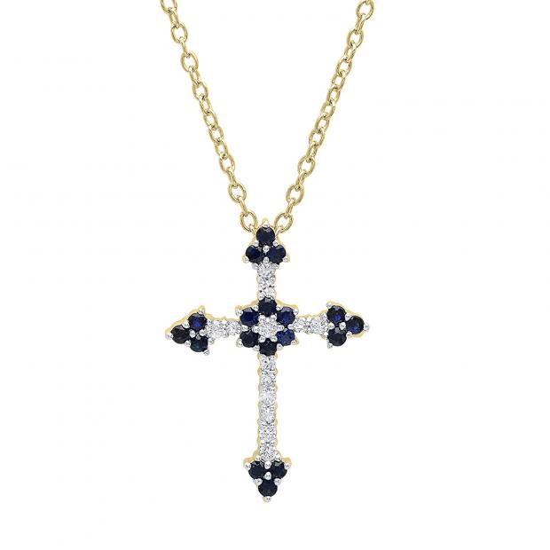 10K Yellow Gold Round Blue Sapphire & Diamond Ladies Floral Cross Pendant (Gold Chain Included)