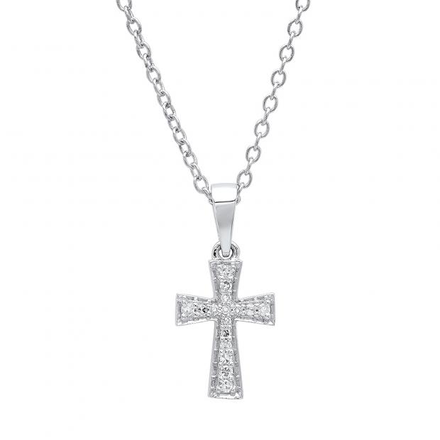 0.07 Carat (ctw) 14K White Gold Round White Diamond Ladies Cross Pendant (Silver Chain Included)