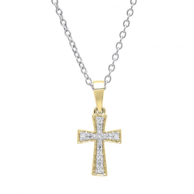 0.07 Carat (ctw) 18K Yellow Gold Round White Diamond Ladies Cross Pendant (Silver Chain Included)