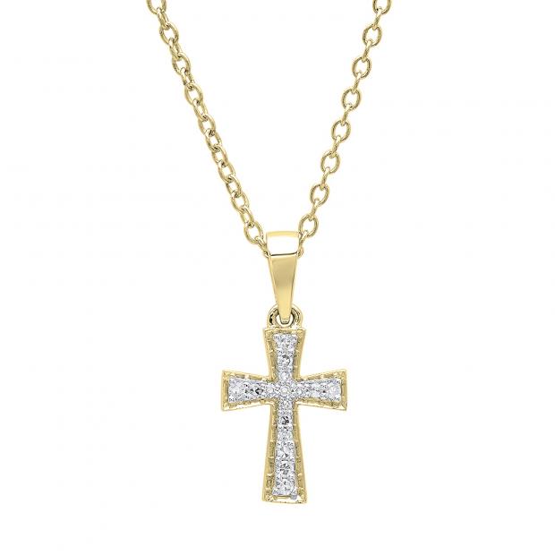 0.07 Carat (ctw) 10K Yellow Gold Round White Diamond Ladies Cross Pendant (Gold Chain Included)