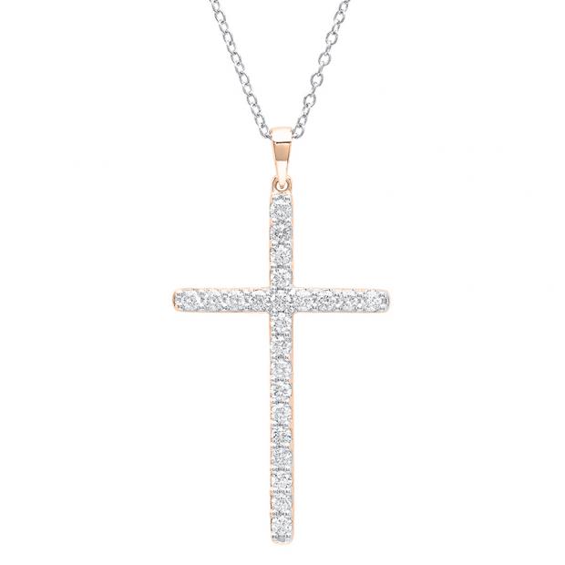0.90 Carat (ctw) 10K Rose Gold Round White Diamond Ladies Cross Pendant (Silver Chain Included)