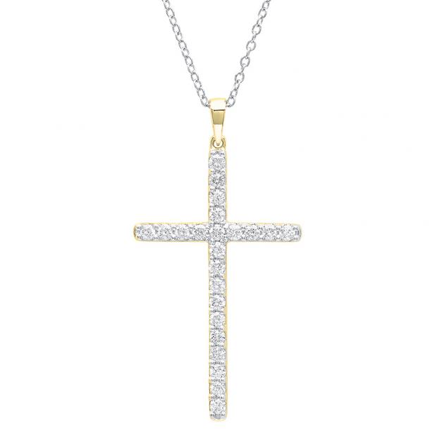 0.90 Carat (ctw) 10K Yellow Gold Round White Diamond Ladies Cross Pendant (Silver Chain Included)