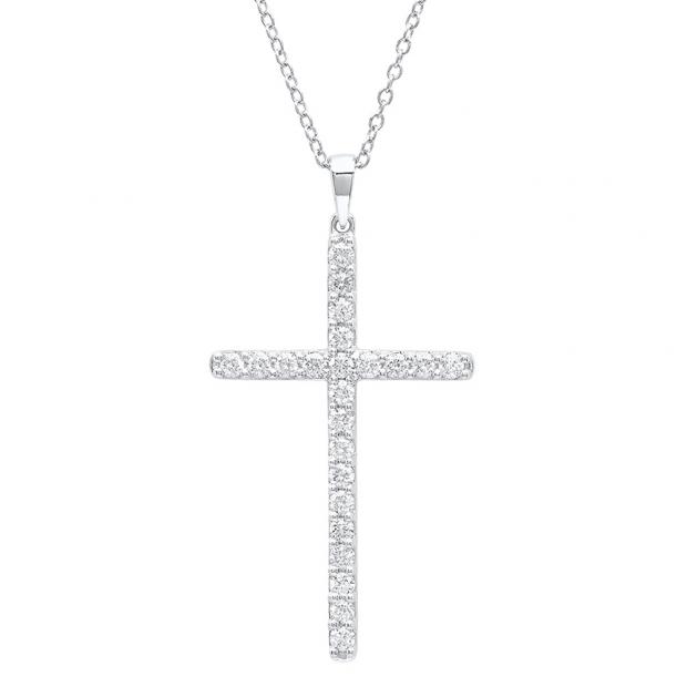 0.90 Carat (ctw) 14K White Gold Round White Diamond Ladies Cross Pendant (Silver Chain Included)