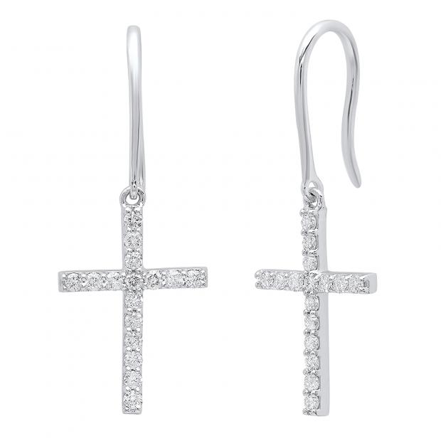 0.45 Carat (ctw) 10K White Gold Round White Diamond Ladies Cross Drop Earrings 1/2 CT