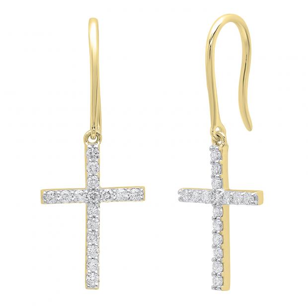 0.45 Carat (ctw) 10K Yellow Gold Round White Diamond Ladies Cross Drop Earrings 1/2 CT