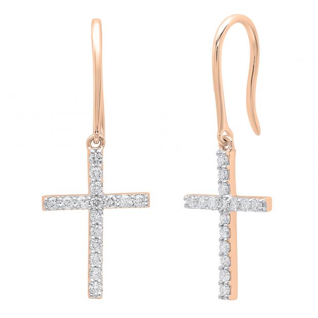 0.45 Carat (ctw) 18K Rose Gold Round White Diamond Ladies Cross Drop Earrings 1/2 CT
