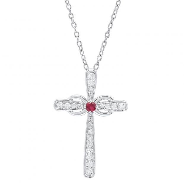 Sterling Silver Round Ruby & Diamond Infinity Cross Pendant (Silver Chain Included)