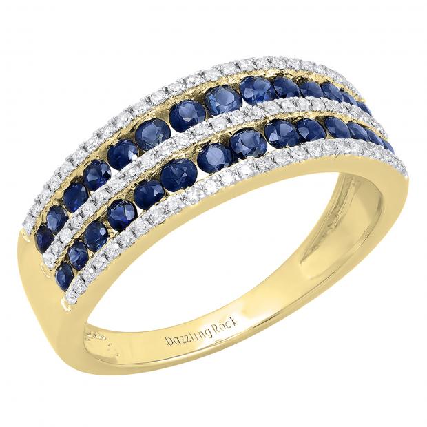 Round Blue Sapphire & Diamond Ladies Bridal Multi Row Wedding Band 10K Yellow Gold