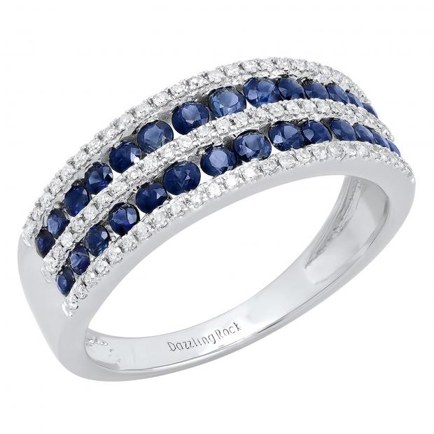 Round Blue Sapphire & Diamond Ladies Bridal Multi Row Wedding Band 18K White Gold