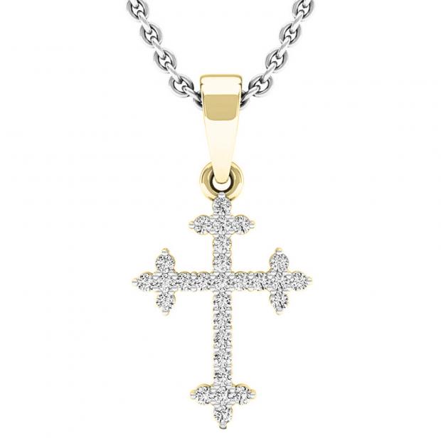 0.15 Carat (ctw) 14K Yellow Gold Round Diamond Ladies Cross Pendant (Silver Chain Included)