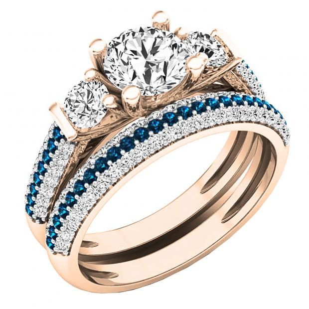 10K Rose Gold Round White Sapphire Blue & White Diamond Bridal Engagement Ring Set