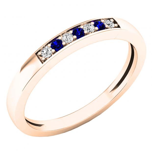 10K Rose Gold Round Blue Sapphire & White Diamond Ladies Seven Stone Anniversary Wedding Band