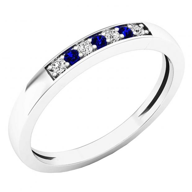 10K White Gold Round Blue Sapphire & White Diamond Ladies Seven Stone Anniversary Wedding Band