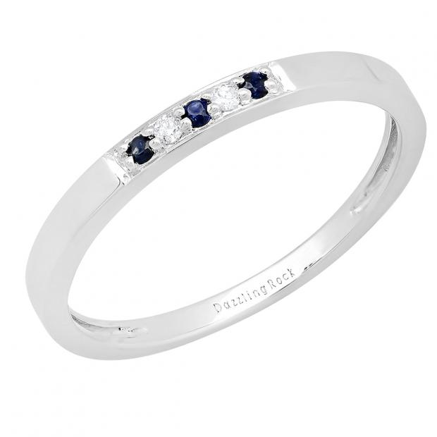 10K White Gold Round Blue Sapphire & White Diamond Ladies Five Stone Anniversary Wedding Band