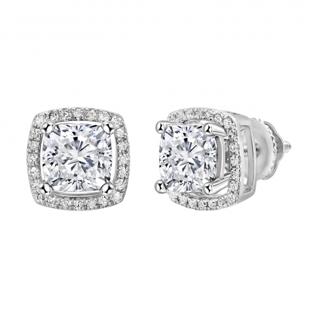 2.67 Cttw Cushion & Round Cubic Zirconia Halo Frame Solitaire Screw Back Stud Earrings for Women with Removable Jackets in 925 Sterling Silver