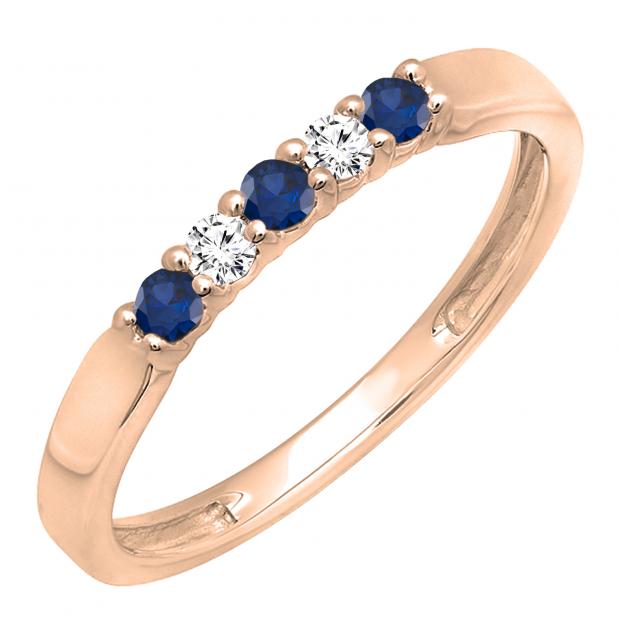 10K Rose Gold Round Blue Sapphire & White Diamond Ladies Seven Stone Anniversary Wedding Band