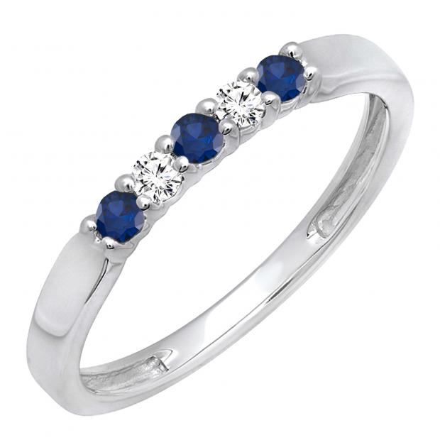 10K White Gold Round Blue Sapphire & White Diamond Ladies Seven Stone Anniversary Wedding Band