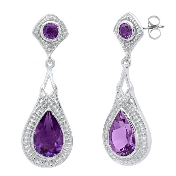 Sterling Silver 9X6 MM Pear & Round Amethyst Ladies Vintage Dangling Drop Earrings