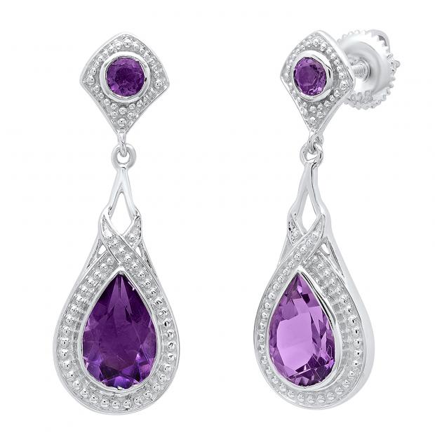 Sterling Silver 9X6 MM Pear & Round Amethyst Ladies Vintage Dangling Drop Earrings