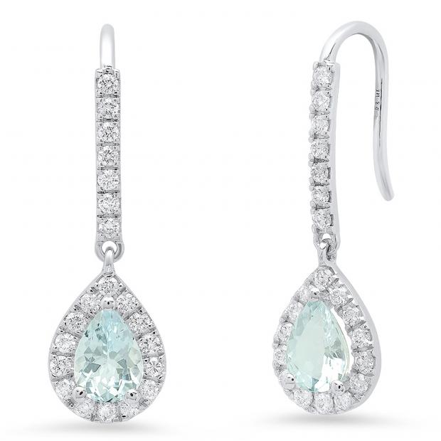 14K White Gold 7X5 MM Each Pear Aquamarine & Round Diamond Ladies Dangling Drop Earrings